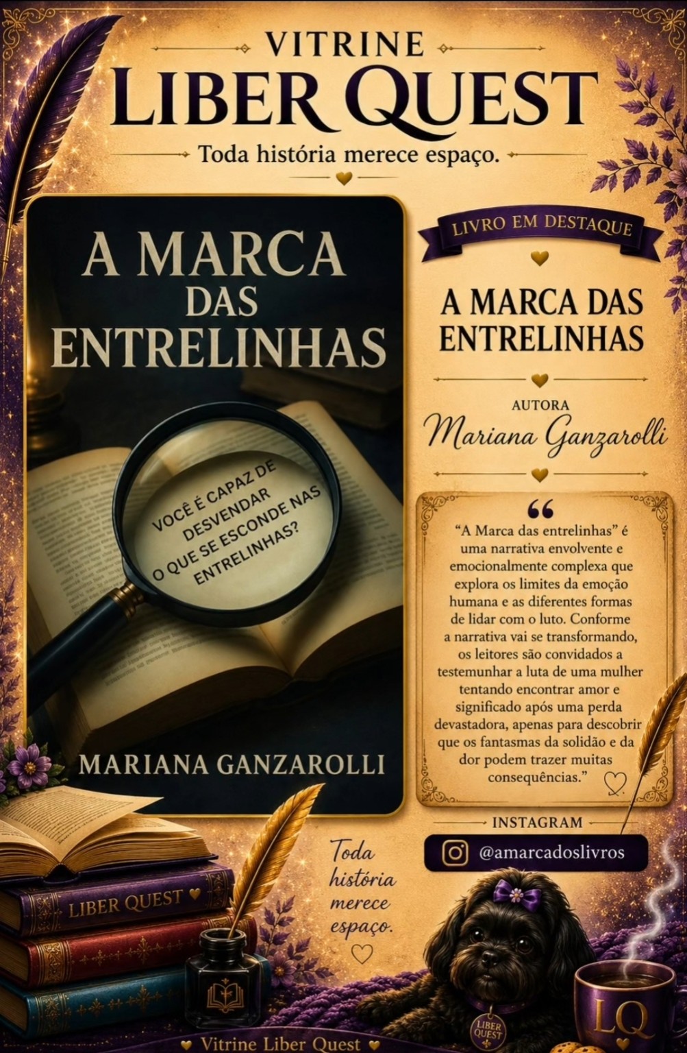 Card da Vitrine Liber Quest para A Marca das Entrelinhas, de Mariana Ganzarolli