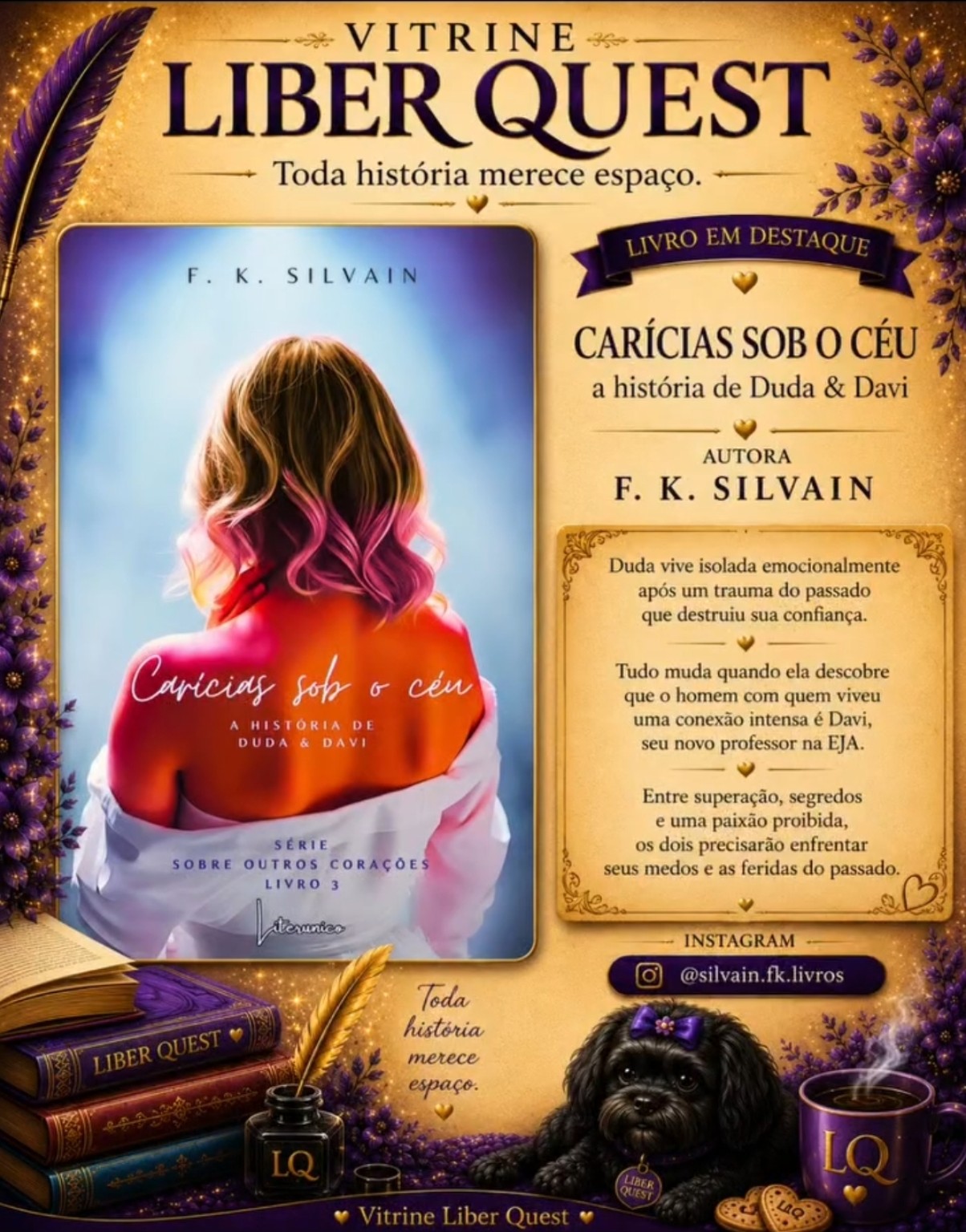 Card da Vitrine Liber Quest para Carícias Sob o Céu, de F. K. Silvain