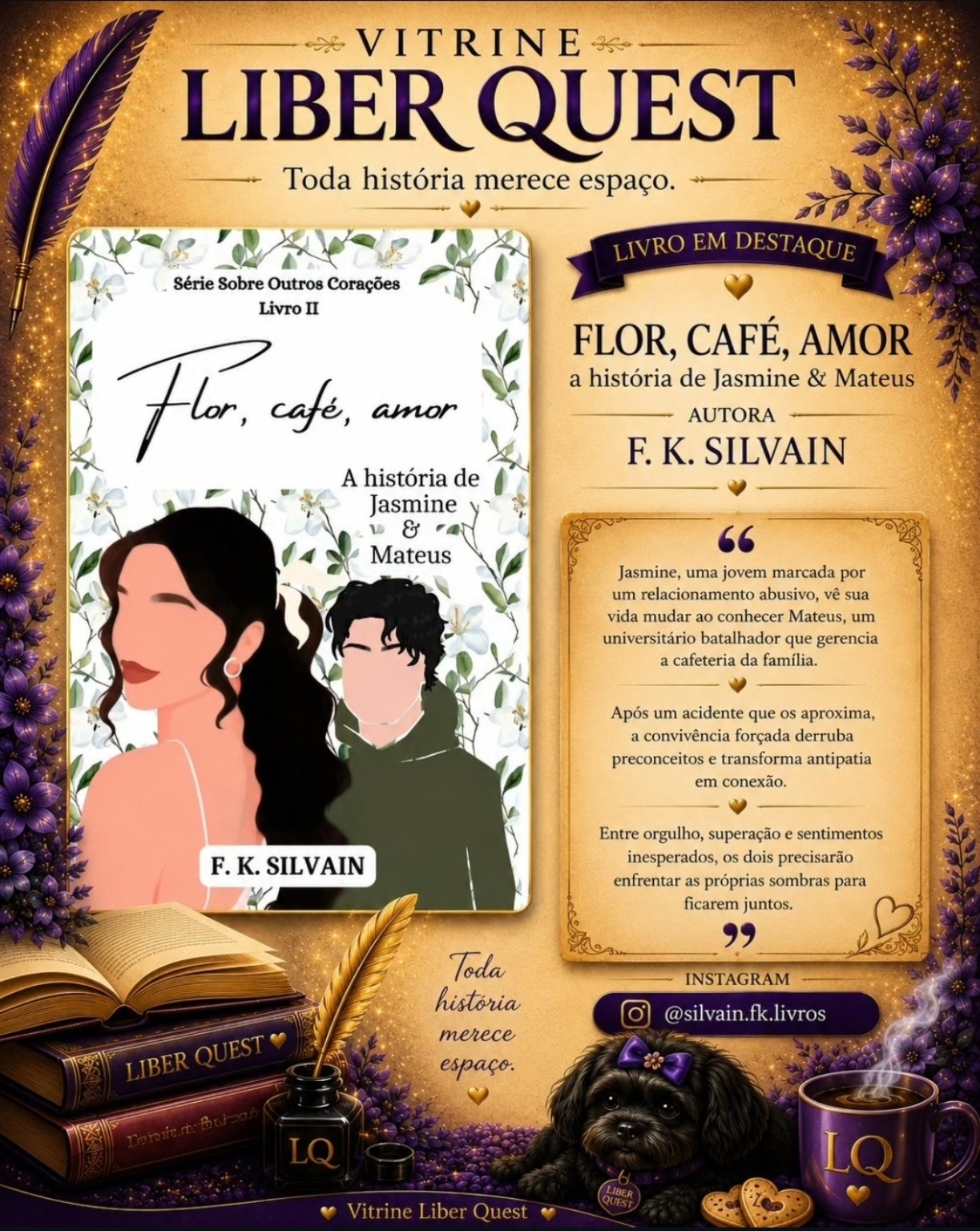 Card da Vitrine Liber Quest para Flor, Café, Amor, de F. K. Silvain