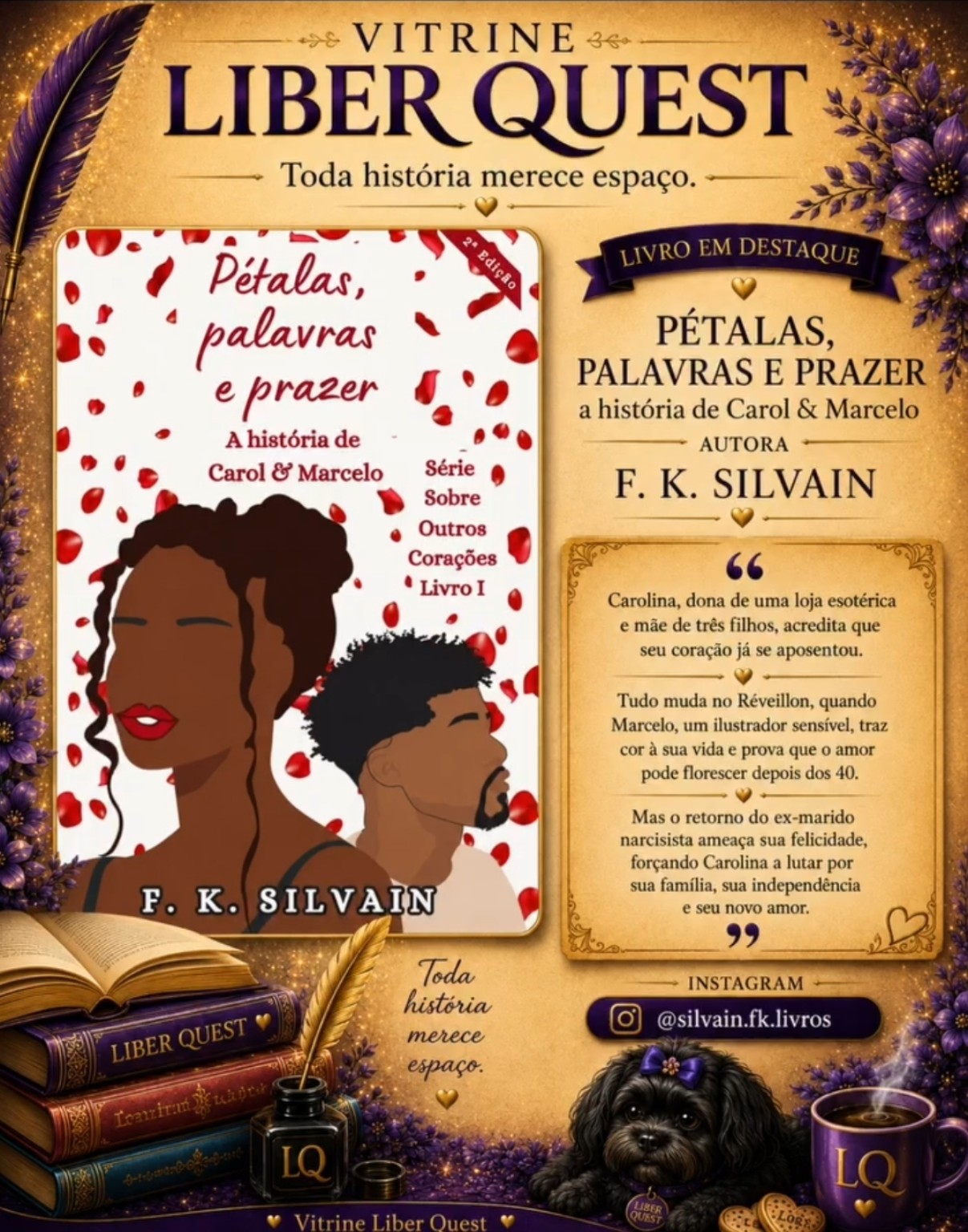 Card da Vitrine Liber Quest para Pétalas, Palavras e Prazer, de F. K. Silvain